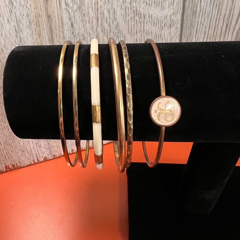 Vintage Brass Bangle Bracelets Ethnic Boho Inlay Lotβ of 6 Eclectic hippie